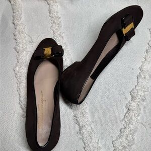 Salvatore Ferragamo Dark Brown Flats with Gold Buckle